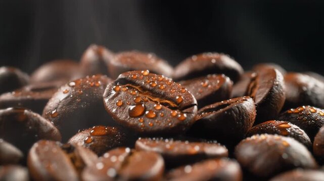 Macro shot of fresh, dark roasted coffee beans glistening with water droplets and rising steam, showcasing rich texture and high-quality artisanal detail.
