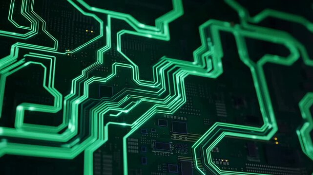 Oblique macro view showing illuminated neon green traces routing across dark multilayer printed circuit board with precise angular pathways, fine surface detail, and high contrast