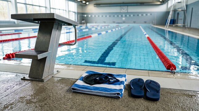 Swimming pool with starting block and swimming equipment on the edge