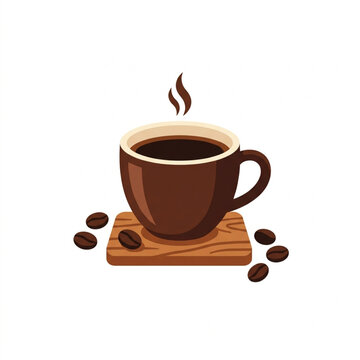 Hot steaming cup of coffee with beans on a wooden coaster.