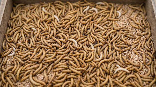 A densely packed close up view of numerous mealworms wriggling in a wooden container filled with coarse substrate material larvae insects grub food protein organic feeder