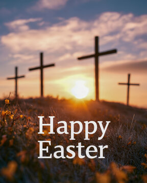 Happy Easter Crosses at Sunset in Wildflower Meadow with Golden Sky