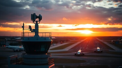 Fototapeta premium Airport radar antenna rotating atop control tower during golden hour sunset.
