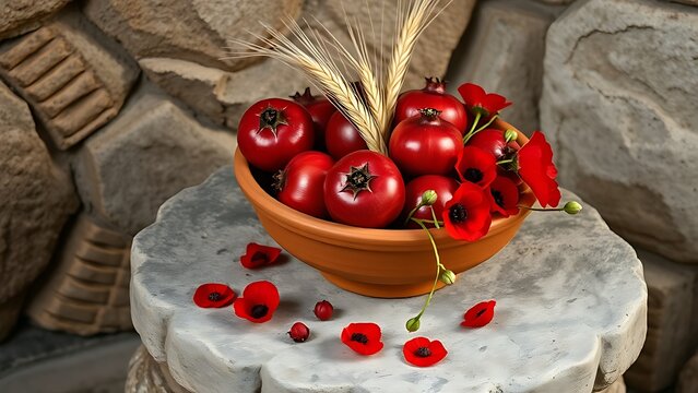 A terracotta bowl with pomegranates, wheat, and poppies on an altar.
