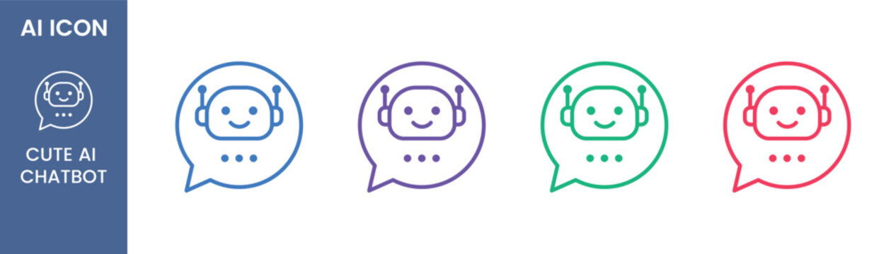Cute AI chatbot outline icon set with smiling robot in speech bubble for virtual assistant or smart friendly helper concept, Vector illustration