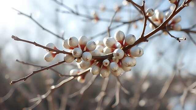 Winter branches with silvery fruits glistening in sunlight.