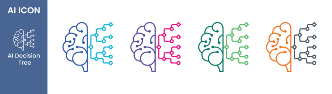 AI decision tree outline icon set with brain circuit logic for machine learning algorithm or artificial intelligence predictive data analytics concept, Vector illustration