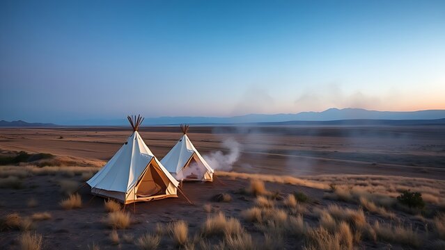 A few simple tents with morning smoke at dawn on a vast untamed prairie.