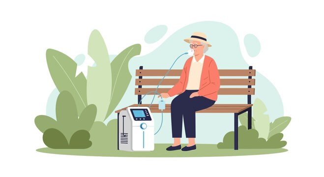 Elderly person using portable oxygen concentrator in park, health and wellness concept
