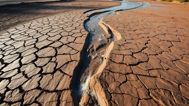 Dry riverbed with cracked mud, parched earth texture.