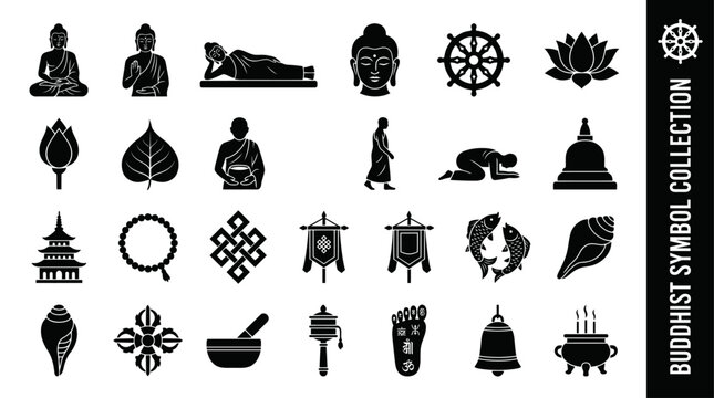 Comprehensive set of black buddhist silhouette symbols including dharma wheel lotus flower buddha figures and zen spiritual elements for design