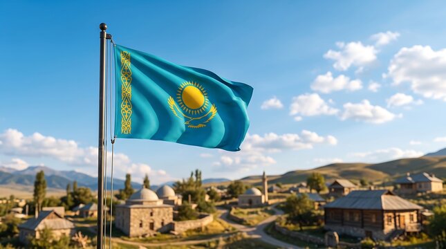 National flag of Kazakhstan waving over traditional rural village landscape with mountains and blue sky