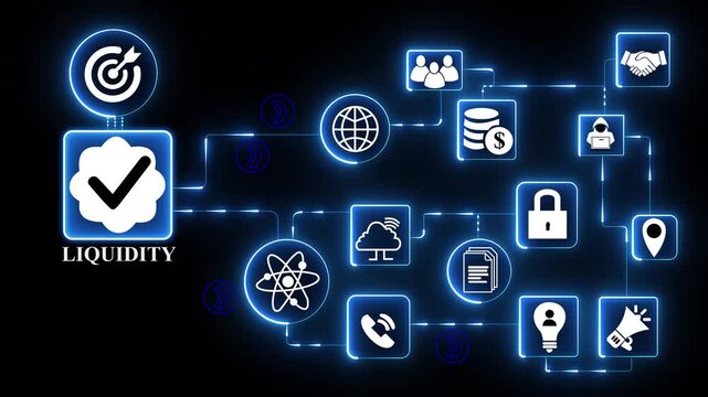 Liquidity technology icons network with financial cash flow icon illustrating business assets availability and financial stability interface motion.4k digital animation video,.....