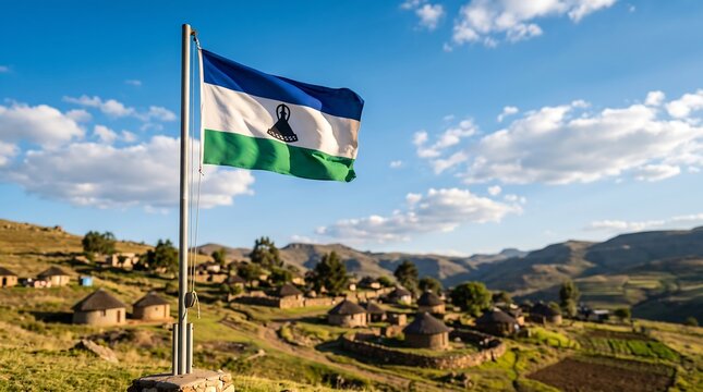 National flag of Lesotho waving above traditional rural village rondavels and mountain landscape under bright daylight