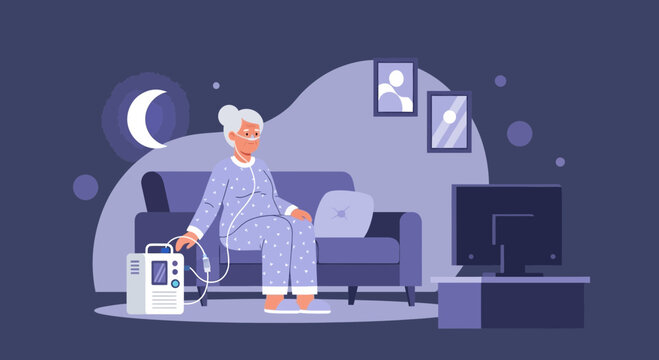 Elderly Woman Using Oxygen Concentrator at Home While Watching TV