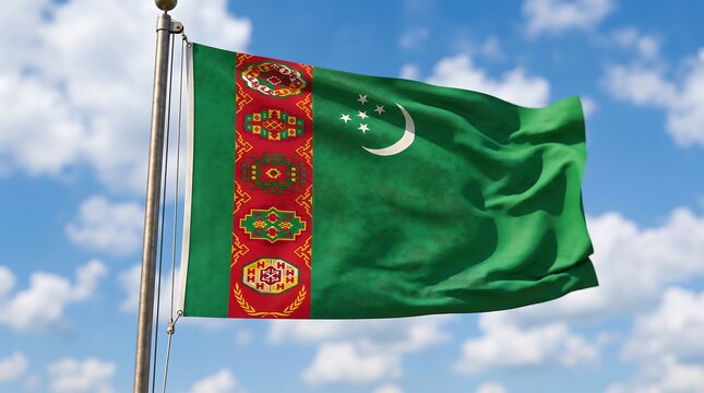 National flag of Turkmenistan waving on a flagpole against a blue sky with blurred clouds background