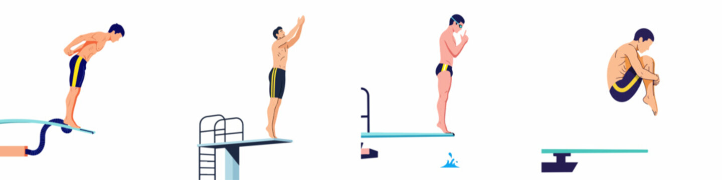 Set of male divers in various poses and techniques jumping from springboards, including preparing, tucking, and standing on the edge.