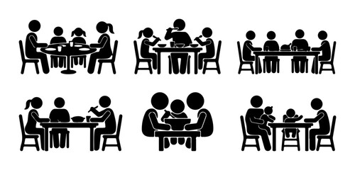 Fototapeta premium Family Mealtime Icons, Stick Figure Dining Scenes, People Eating Together, Vector Set
