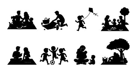 Obraz premium Family Outdoor Activities Silhouettes, Children Playing, Picnic Scenes, Vector Set