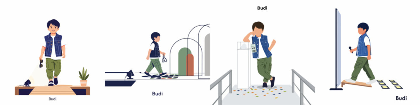 Illustration set of a young boy named Budi posing as a fashion model, visiting an exhibition, and performing with a microphone on stage.