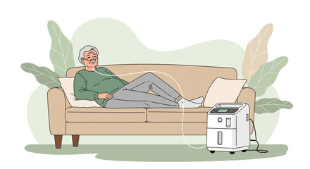 Obraz premium Elderly man resting on sofa with oxygen concentrator at home, home healthcare concept