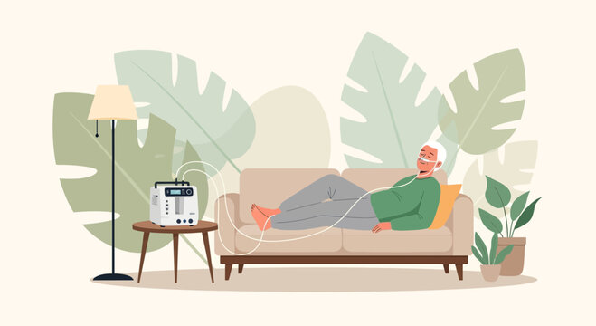 Elderly Man Resting on Sofa with Oxygen Concentrator and Nasal Cannula at Home