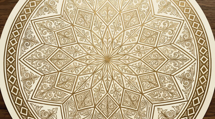 Circular golden mandala with floral filigree and geometric diamond patterns © Saharia