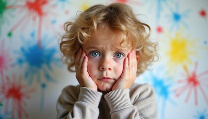 Fototapeta premium Young boy with curly blonde hair looks worried, hands on cheeks. Colorful paint splatters on wall behind him. Child shows anxiety, distress, or concern. Focus on kids mental health.