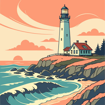 Lighthouse on rocky coastline at sunset landscape vector illustration with lighthouse, landscape