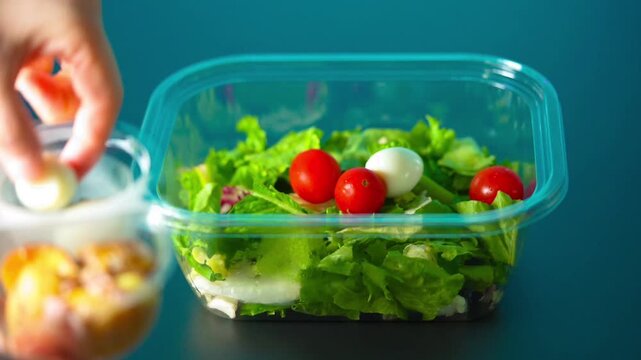 Prepare lunch chicken salad for work in plastic containers. Healthy food. Egg