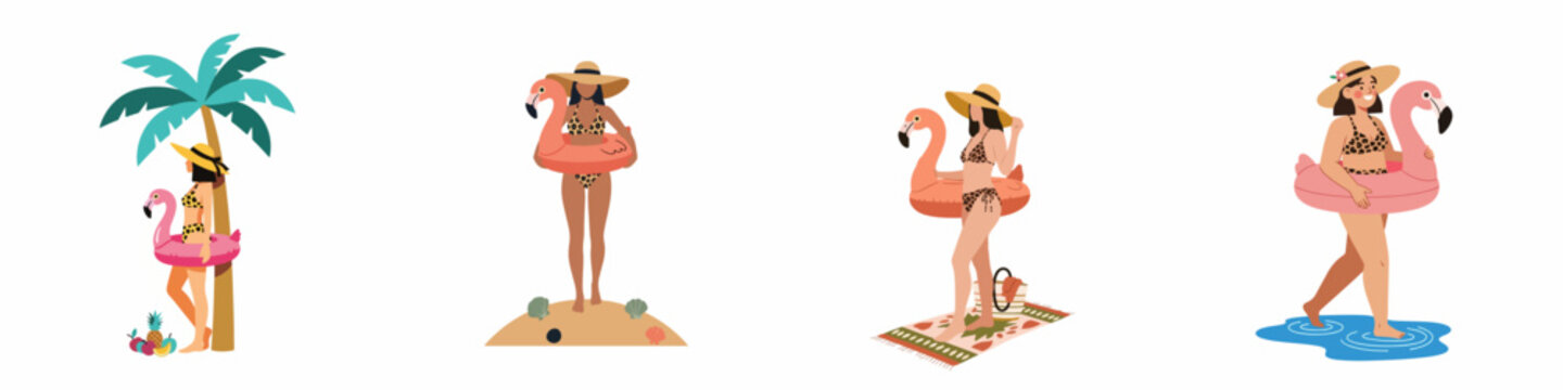 Set of flat vector illustrations featuring women in leopard print bikinis and pink flamingo inflatables, enjoying various summer beach activities.
