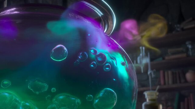 Tracking shot of iridescent bubbling potion swirling inside glass flask with colorful vapor and rising bubbles in rustic alchemist laboratory workshop