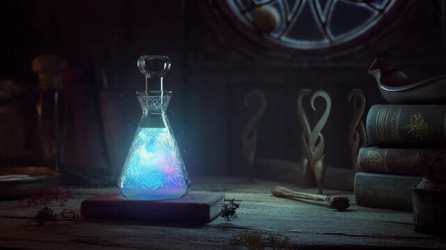 Static shot of glass flask glowing and swirling potion on wooden table in alchemist workshop at dusk with soft dim iridescent light