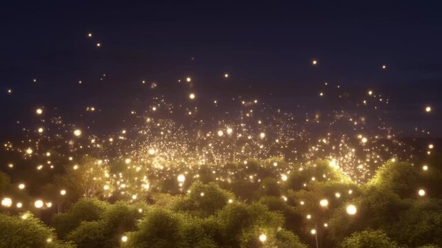 Aerial slow motion tracking pan of fireflies rising and twinkling over forest canopy at dusk on horizon