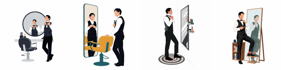Obraz premium A collection of flat illustrations showing a stylish man in a suit grooming himself in front of various mirrors at a barbershop or home.