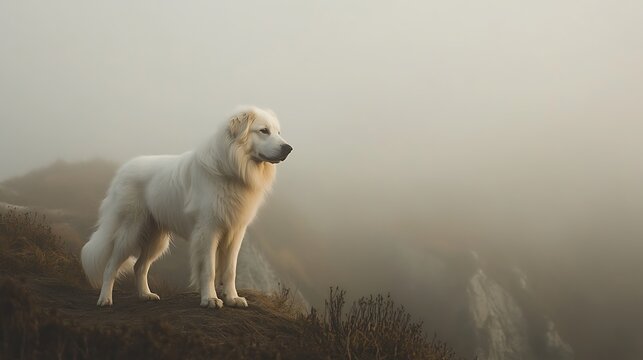 Great Pyrenees standing like a guardian on cliffside Light
