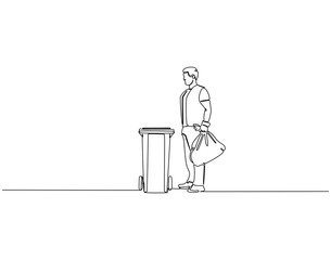 Fototapeta premium Continuous line drawing of man throw gargabe into garbage bin. Single line illustration of man throw garbage. Cleaning concept. Editable outline
