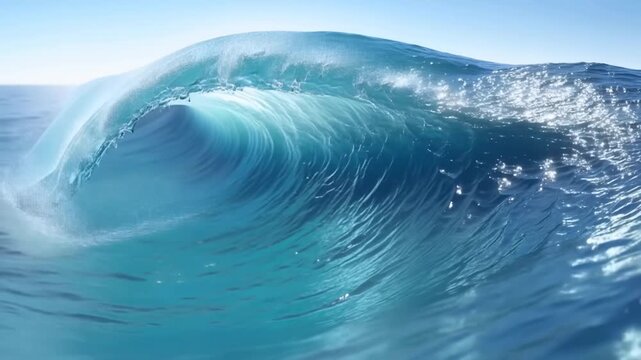 Slow motion tracking shot of ocean wave curling and breaking in open sea with sunlight sparkling on water surface