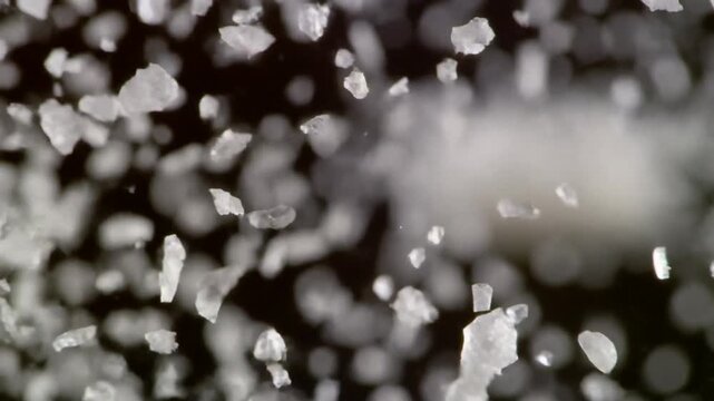 Slow motion macro tracking shot of salt crystals tumbling against dark background