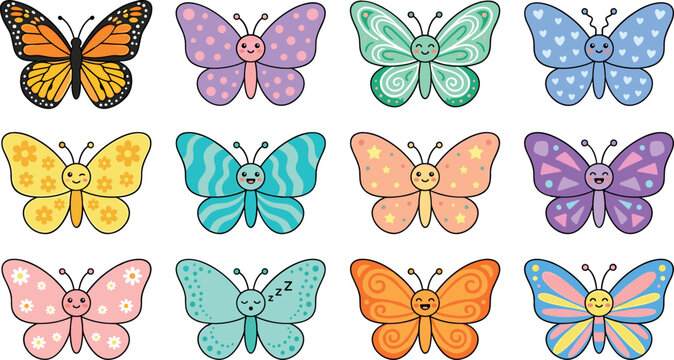 Cute cartoon butterfly character set with colorful friendly insects funny emoji wing patterns and smiling kawaii avatars isolated on white background vector illustration