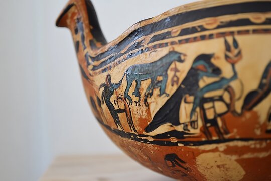terracotta amphora vase painting with mythological scenes in Greek