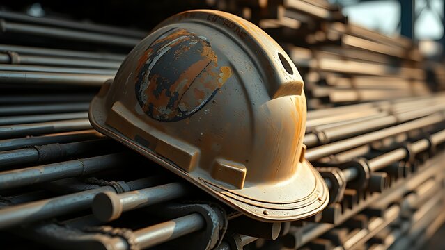 A weathered safety helmet with rust and dents resting on stacked steel rebar in morning light.