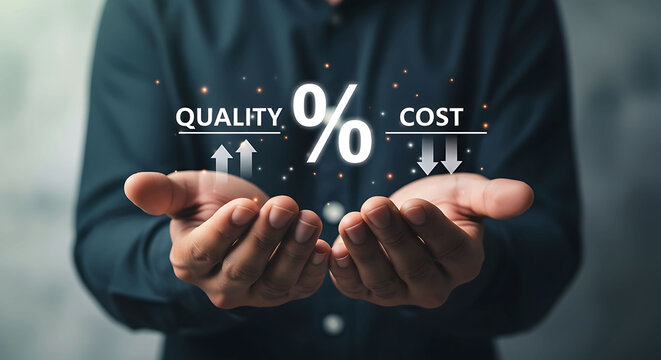 Businessman holding high quality and low cost percentage concept