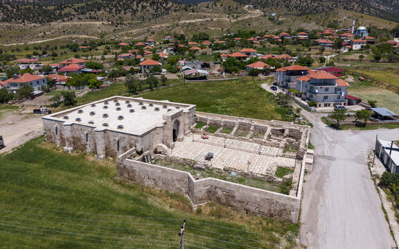 Aerial View of Historic Cardak Han Caravanserai in Cardak Denizli Turkey with Seljuk Architecture and Ancient Trade Route Heritage