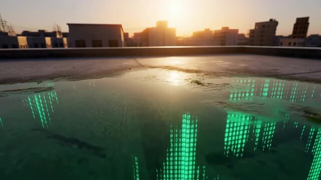 Rooftop puddle reflecting neon green numeric columns with subtle ripples over weathered concrete at sunset, creating futuristic city glow, warm backlight, urban texture, moody contrast