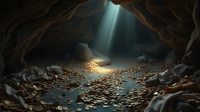 Cave chamber filled with coins and jewels, a single shaft of light.