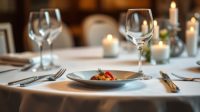 Fine dining table with white linen, silverware, and candlelight.