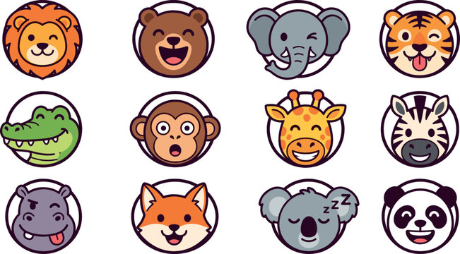 Cute cartoon wild animal face icon set with smiling lion bear tiger elephant monkey zebra giraffe and panda circle avatars vector illustration