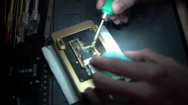 Person repairing smartphone with screwdriver on electronic device components