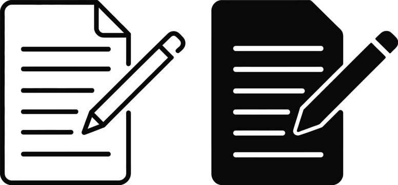 Writing Pad Icon Set Featuring Paper, Pencil, Note, and Business Contract Symbols in Outline and Filled Styles